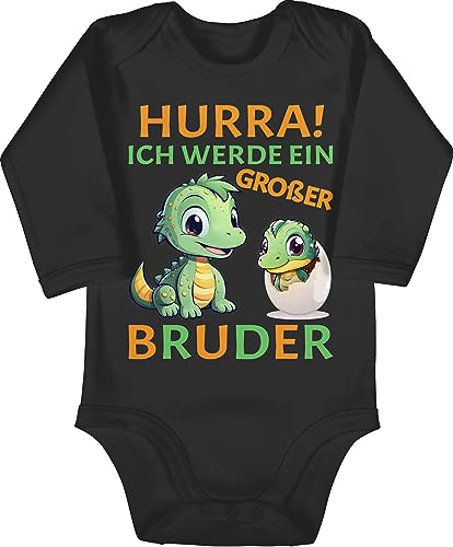 Baby Body langarm Mädchen Junge - Hurra endlich großer Bruder Dinos I Dino Geschenk Dinosaurier Brüder - 6/12 Monate - Schwarz - brother werde strampler big bro bald grosser babybody bruder" von Shirtracer