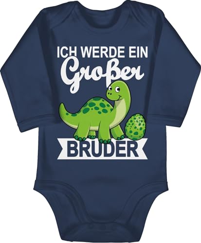 Shirtracer Baby Body langarm Mädchen Junge - Ich werde ein großer Bruder mit Dinos - 6/12 Monate - Navy Blau - geschenk brother dino babybody big bro loading strampler große brüder groser babybodys von Shirtracer