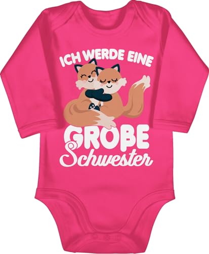 Baby Body langarm Mädchen Junge - Ich werde eine große Schwester - mit Füchsen - 6/12 Monate - Fuchsia - schwestern sis babybody big sister grosse strampler geschenkideen+für+geschwister von Shirtracer