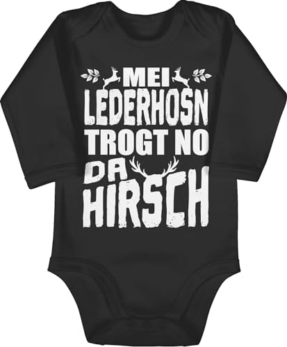 Baby Body langarm Mädchen Junge - Kompatibel mit Oktoberfest Outfit - Mei Lederhosn trogt no da Hirsch - weiß - 12/18 Monate - Schwarz - trachtenbody bayrisch lederhose strampler trachten bayern von Shirtracer