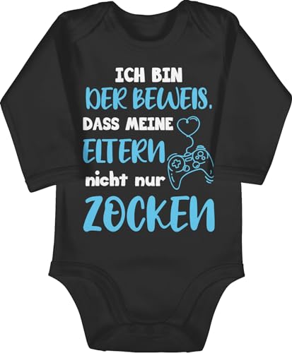 Baby Body langarm Mädchen Junge - Sprüche - Ich bin der Beweis, dass meine Eltern nicht nur zocken Blau Weiß - 3/6 Monate - Schwarz - babygeschenke spruch gamer babybody babygeschenk spruche von Shirtracer