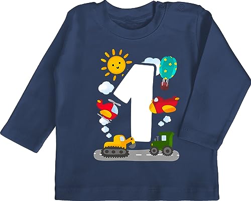 Shirtracer Baby Langarmshirt - 1. Geburtstag - Eins - Aquarell Fahrzeuge - 12/18 Monate - Navy Blau - 1 Jahr für einjährigen Langarm Geschenk einjähriger Junge Outfit 1st ich Bin Langarmshirts von Shirtracer