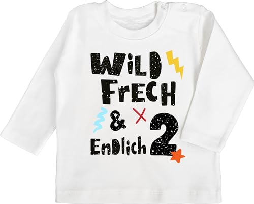 Shirtracer Baby Langarmshirt - 2. Geburtstag - Wild frech und endlich 2 - Wunderbar Zwei Jahre - 18/24 Monate - Weiß - Kindergeburtstag Geschenk für jährigen Jahr Birthday Jahre, Years zum jähriger von Shirtracer