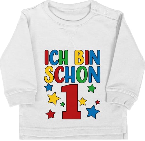 Baby Pullover Jungen Mädchen - 1. Geburtstag - Ich bin schon eins bunt - 12/18 Monate - Grau meliert - geburtstagsshirt 1 einjährige langarm jahr 1geburtstag sweater pulli 1.geburtstag sweatshirt von Shirtracer