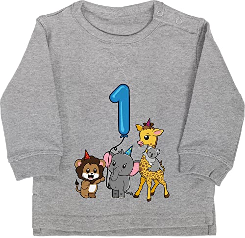 Baby Pullover Jungen Mädchen - 1. Geburtstag - Tiere mit Ballon Erster - 12/18 Monate - Grau meliert - 1 Pulli one Year Birthday EIN Jahr ich Bin eins für 1jahrige erste ersten zum von Shirtracer