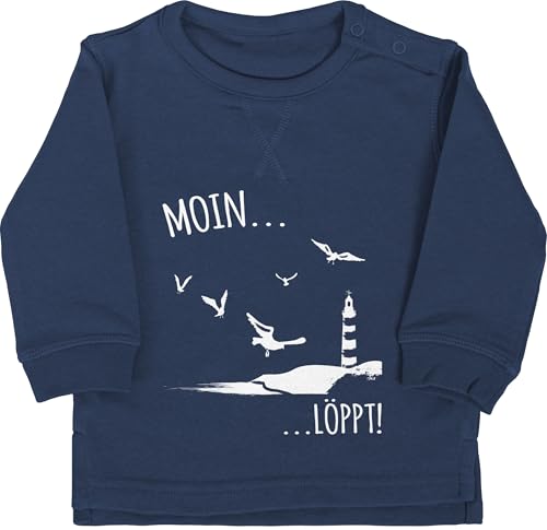 Baby Pullover Jungen Mädchen - Sprüche - Moin löppt I Meerliebe I Maritim I Leuchtturm Motiv Meer - 12/18 Monate - Navy Blau - Spruch küste Sweater spruche moein Pulli sprüchen läuft bz31 von Shirtracer