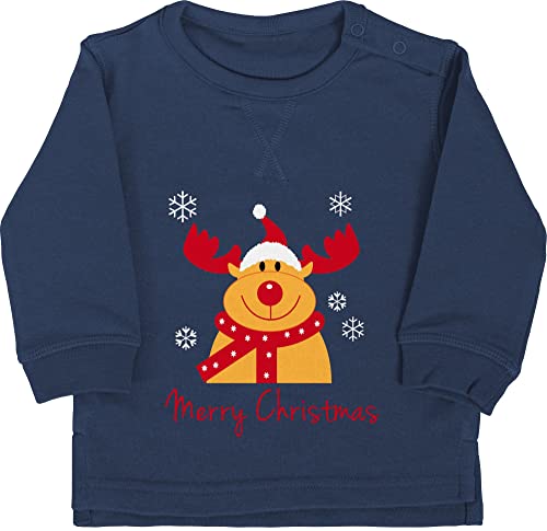 Baby Pullover Jungen Mädchen - Weihnachten Geschenke - Merry Christmas Rentier - 12/18 Monate - Navy Blau - weihnachtspullover outfit weihnachtsmotiv elch pulli rentierpullover clothes weihnacht von Shirtracer