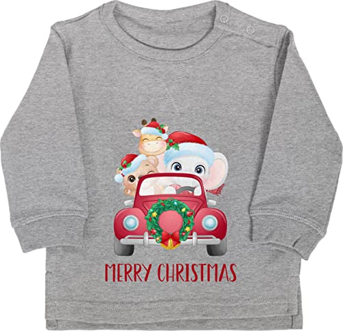 Shirtracer Baby Pullover Jungen Mädchen - Weihnachten Geschenke - Merry Christmas - Süße Tiere im Auto - 12/18 Monate - Grau meliert - weihnqchts Outfit weinacht x-.Mas weinachst weihnachtst Chrismas von Shirtracer