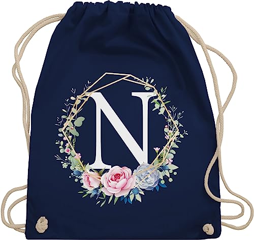 Turnbeutel Rucksack - Geschenk Initialen - Tasche - Blumenkranz mit Buchstabe N - Unisize - Navy Blau - turnen beutel buchstaben gym bag rucksäcke stoffbeutel baumwolle stoff einfarbig baumwoll von Shirtracer