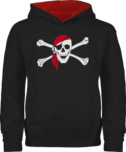 Pullover Kinder Hoodie Jungen Mädchen - Bunt gemischt - Totenkopf Pirat Kopftuch - 140 (9/11 Jahre) - Schwarz/Rot - oodies piraten flauschiger kopftücher pulli pullis junge kind piratenpulli von Shirtracer