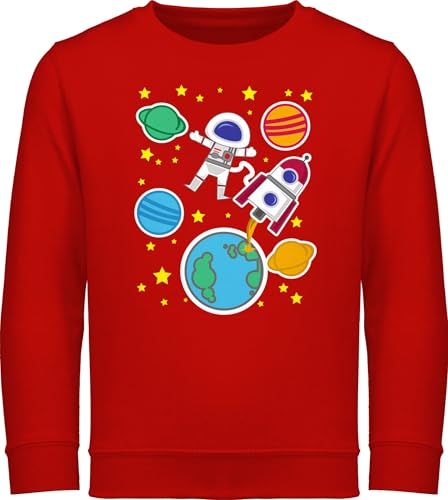 Sweatshirt Kinder Pullover für Jungen Mädchen - Bunt gemischt - Weltall mit Astronaut - 128 (7/8 Jahre) - Rot - planeten stern reitpullover rakete kinderpullover raketen pulli planets pullover, von Shirtracer