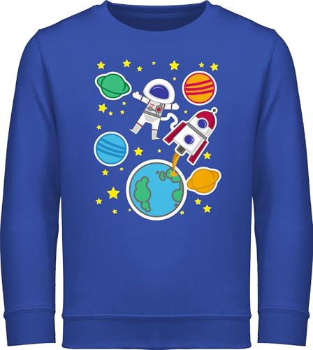 Sweatshirt Kinder Pullover für Jungen Mädchen - Bunt gemischt - Weltall mit Astronaut - 128 (7/8 Jahre) - Royalblau - planeten stern reitpullover rakete kinderpullover raketen pulli planets von Shirtracer