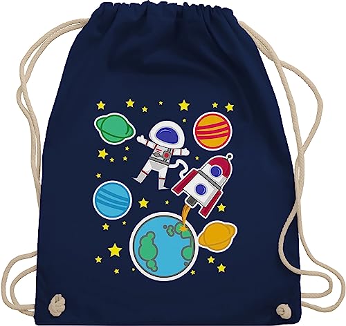 Turnbeutel Rucksack - Bunt gemischt Kinder - Weltall mit Astronaut - Unisize - Navy Blau - sportbeutel baumwolle baumwoll stoffbeutel kordel beutel stoff weltraum kinderturnbeutel raketen taschen von Shirtracer