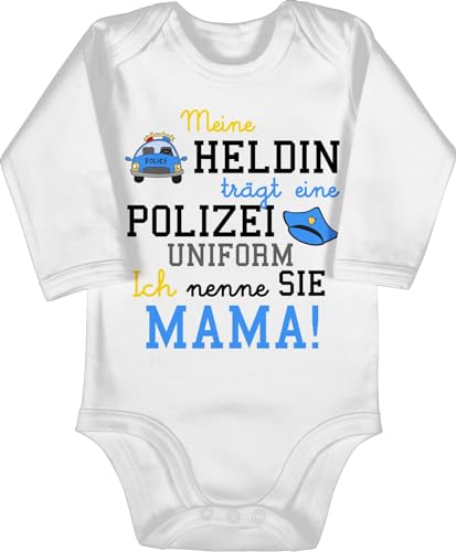 Baby Body langarm Mädchen Junge - Event und Anlass Geschenke - Meine Heldin trägt eine Polizei Uniform Mama - Geschenk zur Geburt Polizistin - 3/6 Monate - Weiß - bodys mit sprüche spruch held von Shirtracer