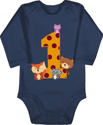 Shirtracer Baby Body langarm Mädchen Junge - 1. Geburtstag - Eins Waldtiere - 6/12 Monate - Navy Blau - 1 jahr babybody outfit clothes first birthday 1st one year langarmbody erste 1ster 1.geburtstag von Shirtracer