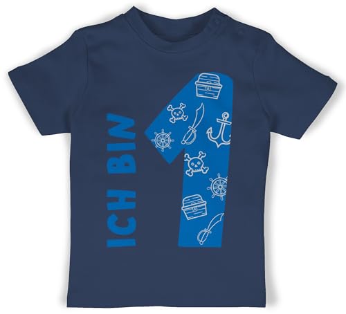 Baby T-Shirt Mädchen Jungen - 1. Geburtstag - Ich Bin eins Pirat-Scribble - 12/18 Monate - Navy Blau - First Birthday 1 t Shirt Outfit EIN Jahr Tshirt einjähriges erster 1ter Year 1jahr von Shirtracer