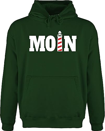 Hoodie Herren Pullover Männer - Sprüche Statement - Moin mit Leuchtturm I - M - Dunkelgrün - nordsee Statements Hamburg Pulli sprüchen￼ Moin,Moin Hoodies Aufschrift Moin+Moin pullis Spruch von Shirtracer