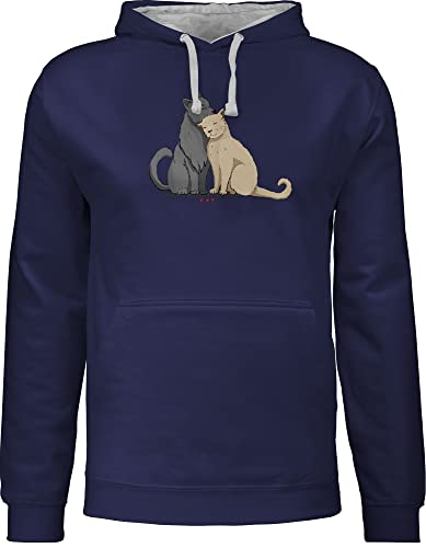 Pullover Herren Frauen Hoodie Kontrast zweifarbig - Katzenbesitzer Geschenk Katze - kuschelnde Katzen - L - Navy Blau/Grau meliert - pulli damen katzenfan kapuzenpullover katzenspruch damenhooddies von Shirtracer