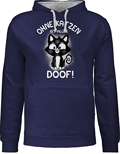 Pullover Herren Frauen Hoodie Kontrast zweifarbig - Katzenbesitzer Geschenk Katze - Ohne Katzen ist alles doof! - L - Navy Blau/Grau meliert - liebhaber sprüche katzenspruch doof damenpullover von Shirtracer