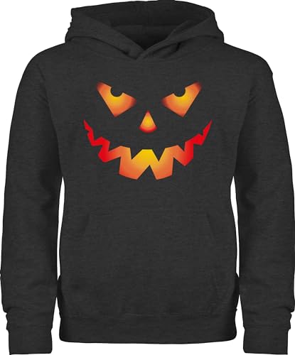 Shirtracer Kinder Hoodie Jungen Mädchen - Halloween Kürbis Gesicht Gruseliger Kürbisgesicht Gruselig Böse - 140 (9/11 Jahre) - Anthrazit meliert - Party verkleidung Hoodie+Halloween Helloween von Shirtracer