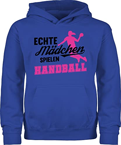 Kinder Hoodie Jungen - Sport Kleidung - Echte Mädchen spielen Handball - Sprungwurf - 140 (9/11 Jahre) - Royalblau - 25. geburtstag maedchen kapuzenpulli pulli pullover hoody jungs kids kind von Shirtracer