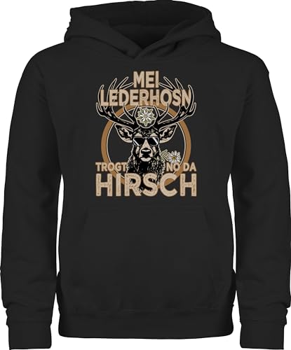 Kinder Hoodie Jungen Mädchen - Kompatibel mit Oktoberfest Trachtenshirt - Trachten Outfit Lederhose Spruch Trägt der Hirsch - 104 (3/4 Jahre) - Schwarz - oktoberfestkleidung bayerisch oktoberfest- von Shirtracer