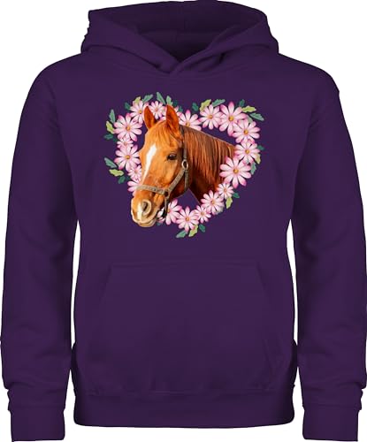 Shirtracer Kinder Hoodie Jungen Mädchen - Pferd Pferde - Pferdekopf mit Blumenherz I Pferdeliebe Geschenk Reiter I Pferdemädchen - 104 (3/4 Jahre) - Lila - Pullover tiermotiv pferdepullover reiten von Shirtracer