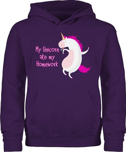 Kinder Hoodie Jungen Mädchen - Tiermotiv Animal Print - My unicorn ate my homework - 128 (7/8 Jahre) - Lila - tiermotive einhorn reitpullover tiermotiven hausaufgaben pullover tier pulli animals von Shirtracer