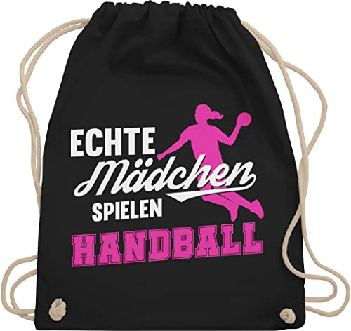 Shirtracer Turnbeutel Rucksack - Kinder Sport Kleidung - Echte Mädchen spielen Handball weiß/fuchsia - Unisize - Schwarz - kinderturnbeutel 25. geburtstag stoffrucksack beutel turntasche beuteltasche von Shirtracer