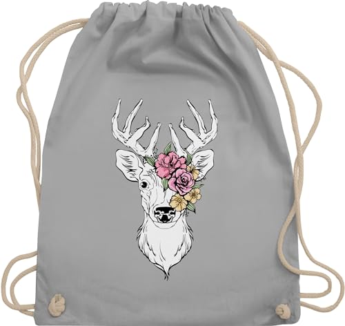 Turnbeutel Rucksack - Kompatibel Oktoberfest Tasche - Hirsch mit bunten Blumen - Unisize - Hellgrau - oktoberfest-tasche trachtenrucksack bayrische juterucksäcke trachtentasche damen von Shirtracer