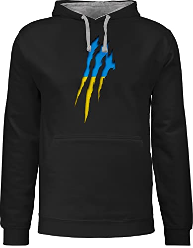 Pullover Herren Frauen Hoodie Kontrast zweifarbig - Länder Fahnen und Flaggen - Ukraine Krallenspuren - 4XL - Schwarz/Grau meliert - oberteile fähnchen oberteil pulli männer polloverer huddy von Shirtracer