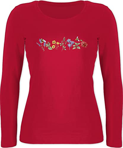 Langarmshirt Damen - Boho & Bohemian Kleidung - Blumen Wiese Watercolor Aquarell - S - Rot - Shirt Langarm mit wiesenblumen Blume von Shirtracer