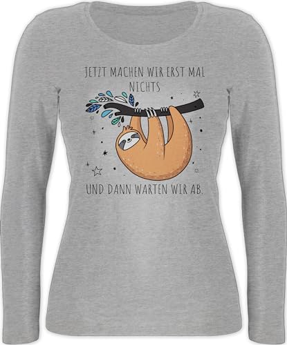 Langarmshirt Damen - Jetzt machen wir erst mal nichts und dann warten wir ab Faultier I Geschenk Faultier Fan I Homeoffice Büro Spruch Kollegen - M - Grau meliert - sloth mit enganliegend motiv von Shirtracer