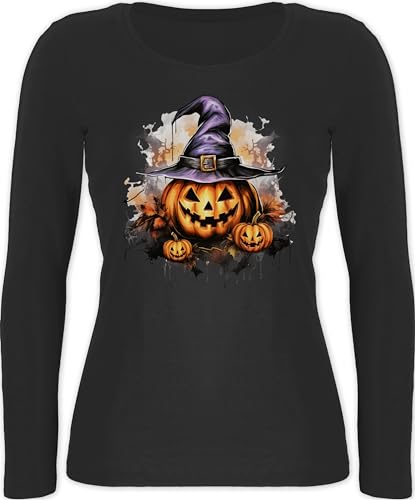 Langarmshirt Damen - Halloween - Kürbis Grusliger Hexenhut Gruselig Böse - XXL - Schwarz - grusel Oberteil Haloween Party halloeween hallowenn Horror heeloween heloween hlloween Helloween von Shirtracer