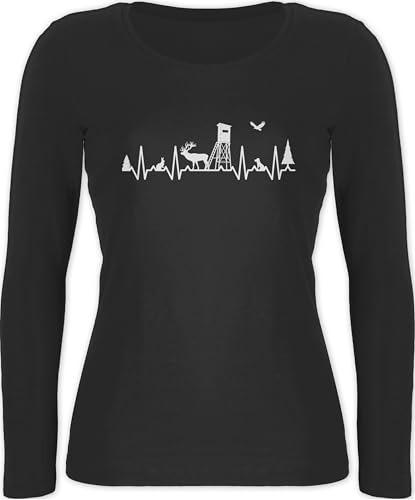 Shirtracer Langarmshirt Damen - Jagd Herzschlag Jäger EKG Linie Jagen I Jagdliebe Geschenk Jagd Geschenke Jägerin Geschenke Jägerinnen I Jägergeschenk - XXL - Schwarz von Shirtracer
