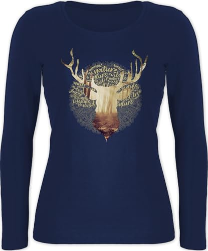 Langarmshirt Damen - Kompatibel mit Oktoberfest - Hirsch Motiv Geschenk Jäger I Hirschgeweih Tracht - XL - Marineblau - trachtenshirt Bayerisches Oberteil Frau bayrische Jaeger Shirt Trachten von Shirtracer