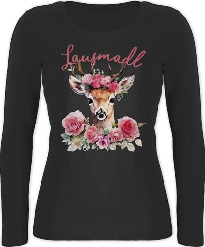 Langarmshirt Damen - Kompatibel mit Oktoberfest - Lausmadl REH Geweih - Lausemädchen Freches Mädchen Lausmädchen Lousy Girl - XL - Schwarz - Trachten Oberteil Oktober Tracht Oberteile von Shirtracer