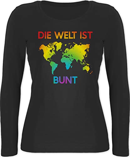 Shirtracer Langarmshirt Damen - LGBTQ Kleidung Pride Flag - Die Welt ist bunt – Regenbogen Farben - XL - Schwarz - Kleidung+LGBTQ lgbtqia Bunte Langarm Oberteil CSD lqbtq Lesbian Gay LGBT von Shirtracer