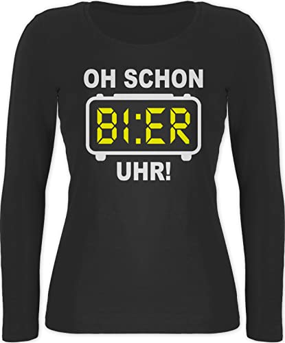 Langarmshirt Damen - Party & Alkohol - Oh Schon Bier Uhr! Weiß - S - Schwarz - Trinken Uhr trinksprüchen Trink sprüche Alki trinkspruch saufgeschenk saufi Feier Sauf Saufen trinksprüche mit von Shirtracer