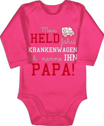 Baby Body langarm Mädchen Junge - Sprüche - Mein Held fährt Krankenwagen - 3/6 Monate - Fuchsia - babygeschenke spruch papa babybody babygeschenk spruche sanitäter strampler baby-geschenke von Shirtracer