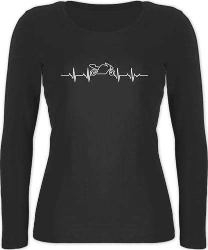 Langarmshirt Damen - Biker - Herzschlag Motorrad I Motorbike - M - Schwarz - t-Shirt Shirt Langarm Bike mottorad Shirts t mit motorad Baumwolle Motorrad- EKG Longsleeve motorrd Herz Tshirt von Shirtracer