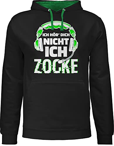 Pullover Herren Frauen Hoodie Kontrast zweifarbig - Nerd Geschenke - Ich hör dich nicht ich zocke Headset Glitch Weiß Grün - M - Schwarz/Grün - zocker geschenk damen sprüche gamer kann hören von Shirtracer