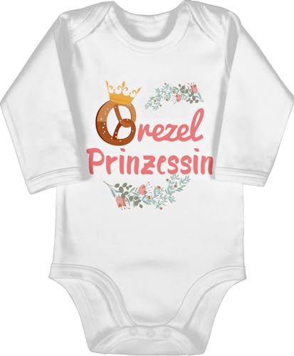 Baby Body langarm Mädchen Junge - Kompatibel Oktoberfest Outfit - Brezel Prinzessin mit Blumen - 12/18 Monate - Weiß - strampler trachten tracht langarmbody oktoberfest- bodys bayrische von Shirtracer