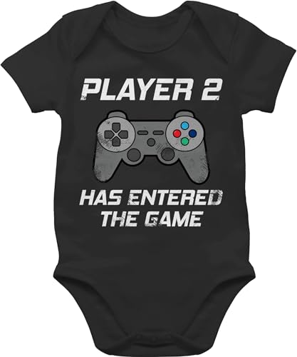 Baby Body Junge Mädchen - Partner-Look Familie - Player 2 has entered the game Controller grau - 1/3 Monate - Schwarz - partnerlook matching family outfits geschenk zur geburt nerd bodys kleidung von Shirtracer