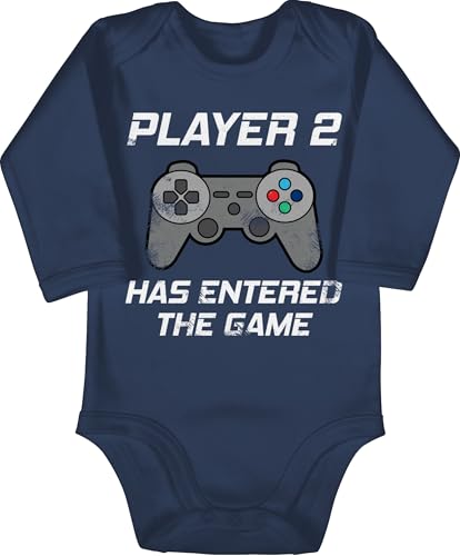 Baby Body langarm Mädchen Junge - Partner-Look Familie - Player 2 has entered the game Controller grau - 3/6 Monate - Navy Blau - partner looks strampler geschenk zur geburt nerd babybody born von Shirtracer