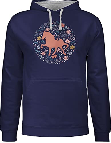 Pullover Herren Frauen Hoodie Kontrast zweifarbig - Pferde - Damen - Pferd mit Blumen - M - Navy Blau/Grau meliert - geschenk+für+pferdeliebhaber geschenk für reiterin reitersachen with horses von Shirtracer