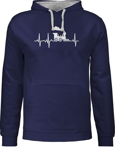 Pullover Herren Frauen Hoodie Kontrast zweifarbig - Hobby Outfit - Dampflok Herzschlag weiß - L - Navy Blau/Grau meliert - zug pulli züge kapuzenpullover eisenbahn eisenbahnen eisenbahner mit von Shirtracer