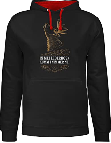 Pullover Herren Frauen Hoodie Kontrast zweifarbig - Kompatibel mit Oktoberfest - In mei Lederhosn kumm i nimmer nei - Hirsch - Spruch in Weiß - 3XL - Schwarz/Rot - bayrische kapputzenpolover von Shirtracer