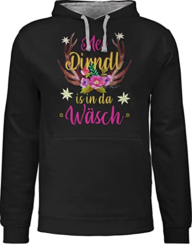 Pullover Herren Frauen Hoodie Kontrast zweifarbig - Kompatibel mit Oktoberfest - MEI Dirndl is in da Wäsch - Hirschgeweih - 3XL - Schwarz/Grau meliert - Tracht Damen sprüche Bayerisches My der von Shirtracer