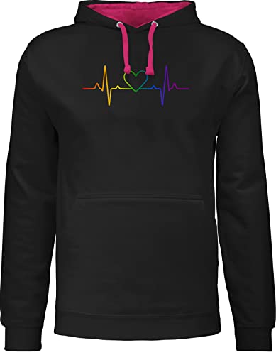 Pullover Herren Frauen Hoodie Kontrast zweifarbig - LGBTQ Kleidung Flag - Herzschlag Regenbogen Pride - S - Schwarz/Fuchsia - lgbt herz pulli csd lgbtq+regenbogen fun-sweatshirts lesbian hoody lqbtq von Shirtracer